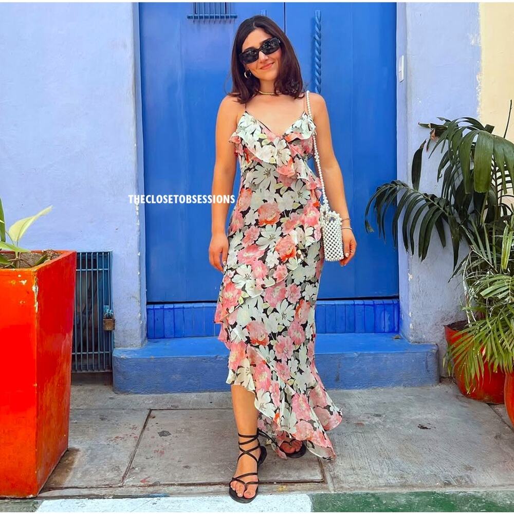 Zara NWT Floral Ruffle Asymmetrical High Low Strappy Midi Dress M - Picture 12 of 16